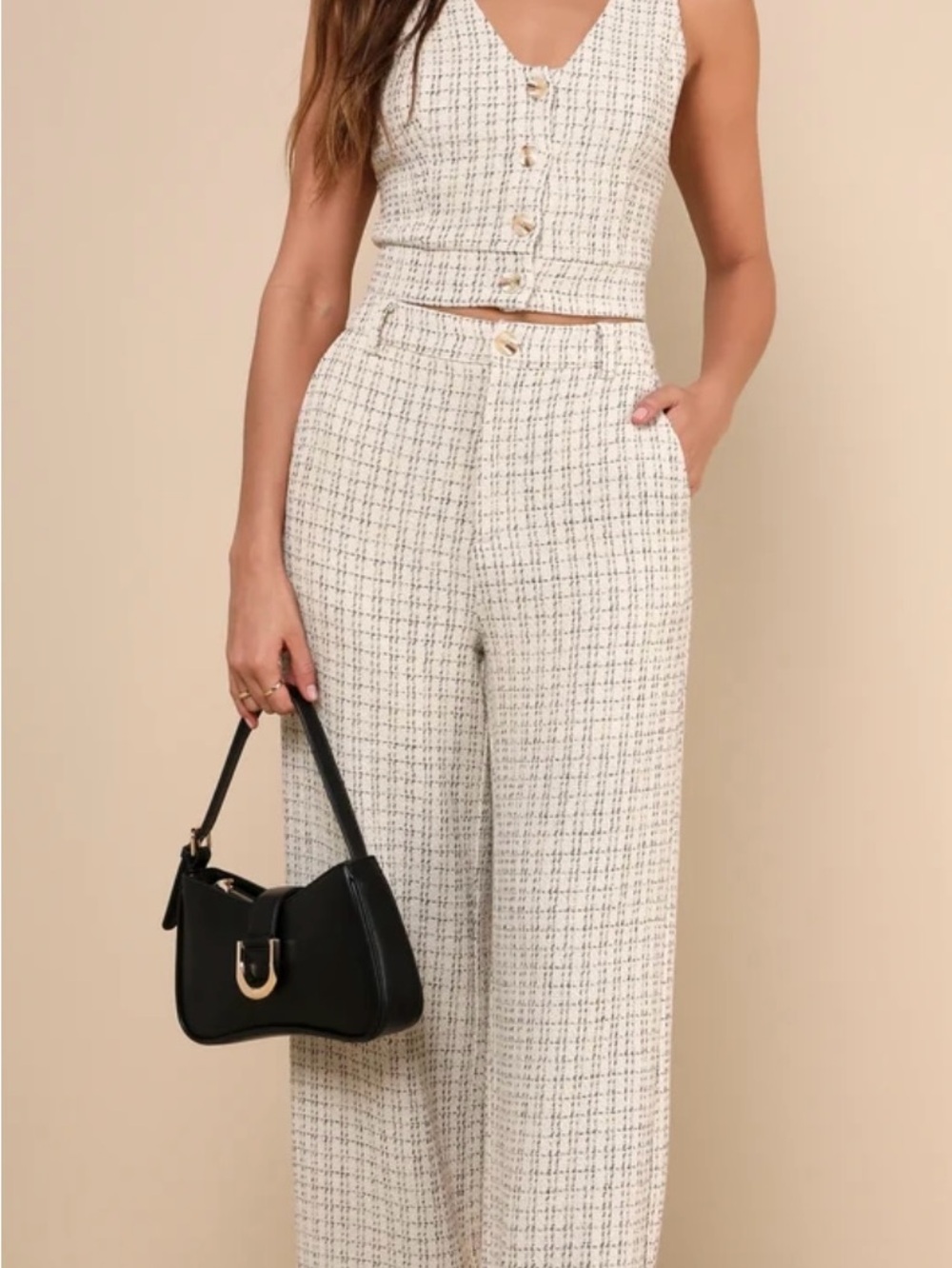Lulu's Set - Cream Tweed High-Rise Pants & Button Down Top